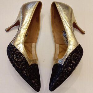 Aronesti Originals Metallic Gold Lame & Black Lace Stiletto Heels Pumps Shoes